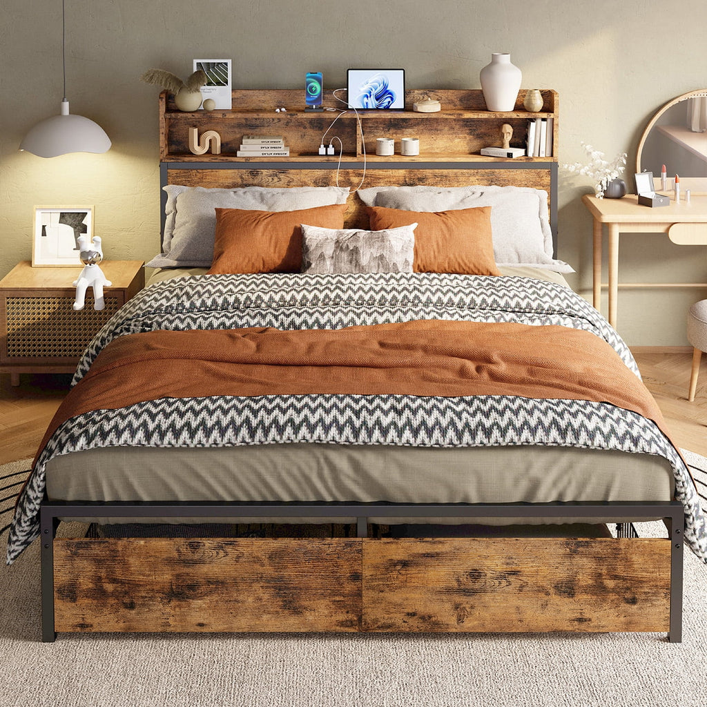 Full Platform Bed Frame with Storage Headboard and 2 Under-bed Drawers G658029