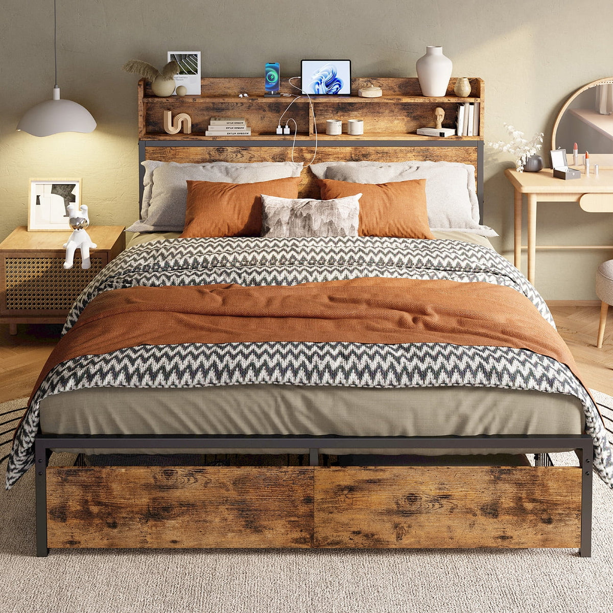 Full Platform Bed Frame with Storage Headboard and 2 Under-bed Drawers G658029