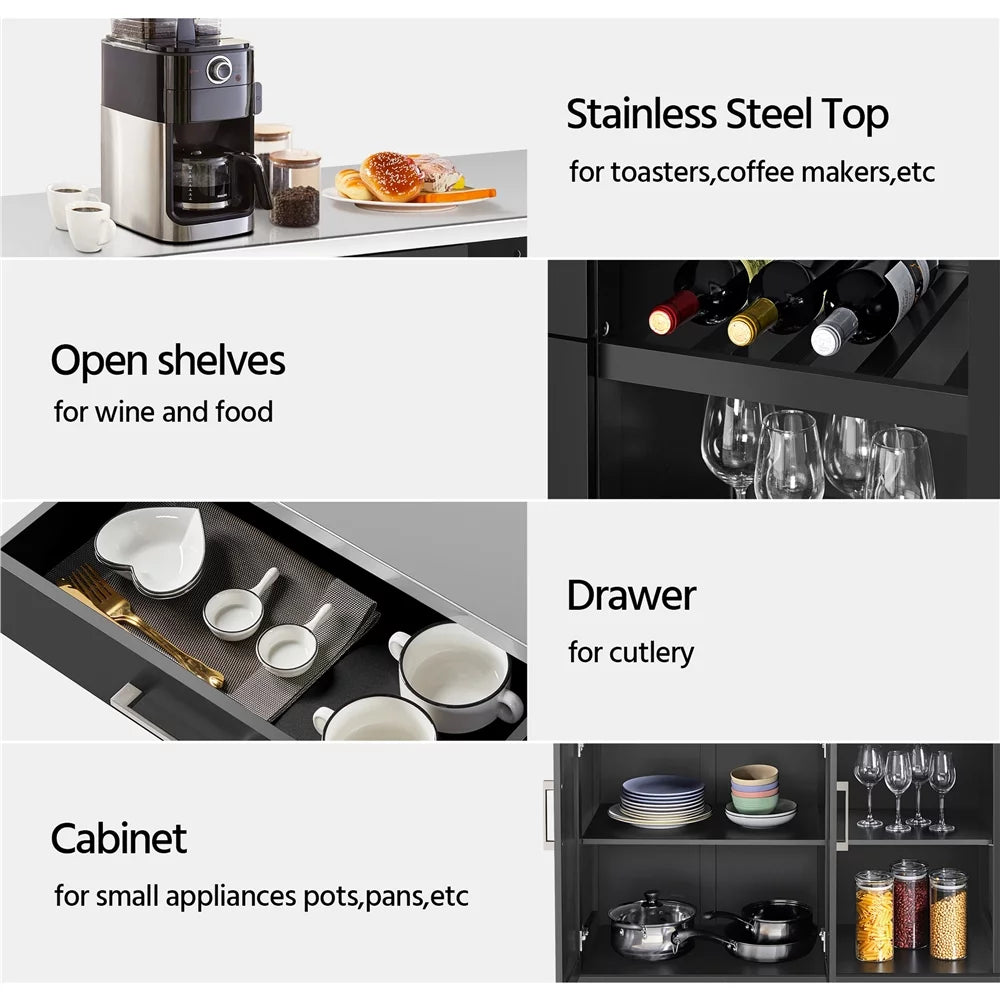 Rolling Storage Kitchen Cart Cabinet with Steel Top, Black B252415
