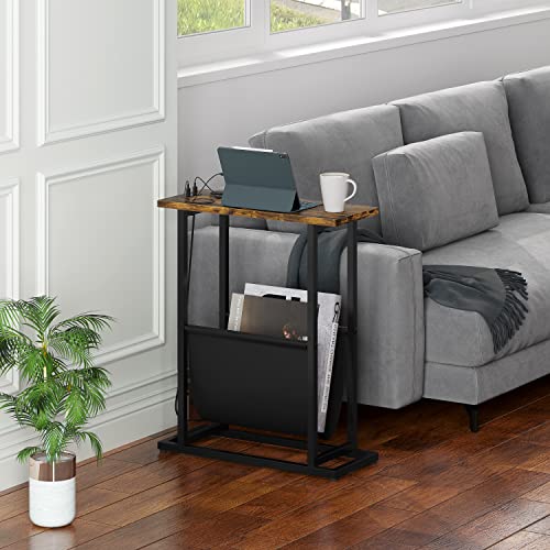 Narrow Side Table with USB Charging Station & Fabric Magazine Holder Sling S3411