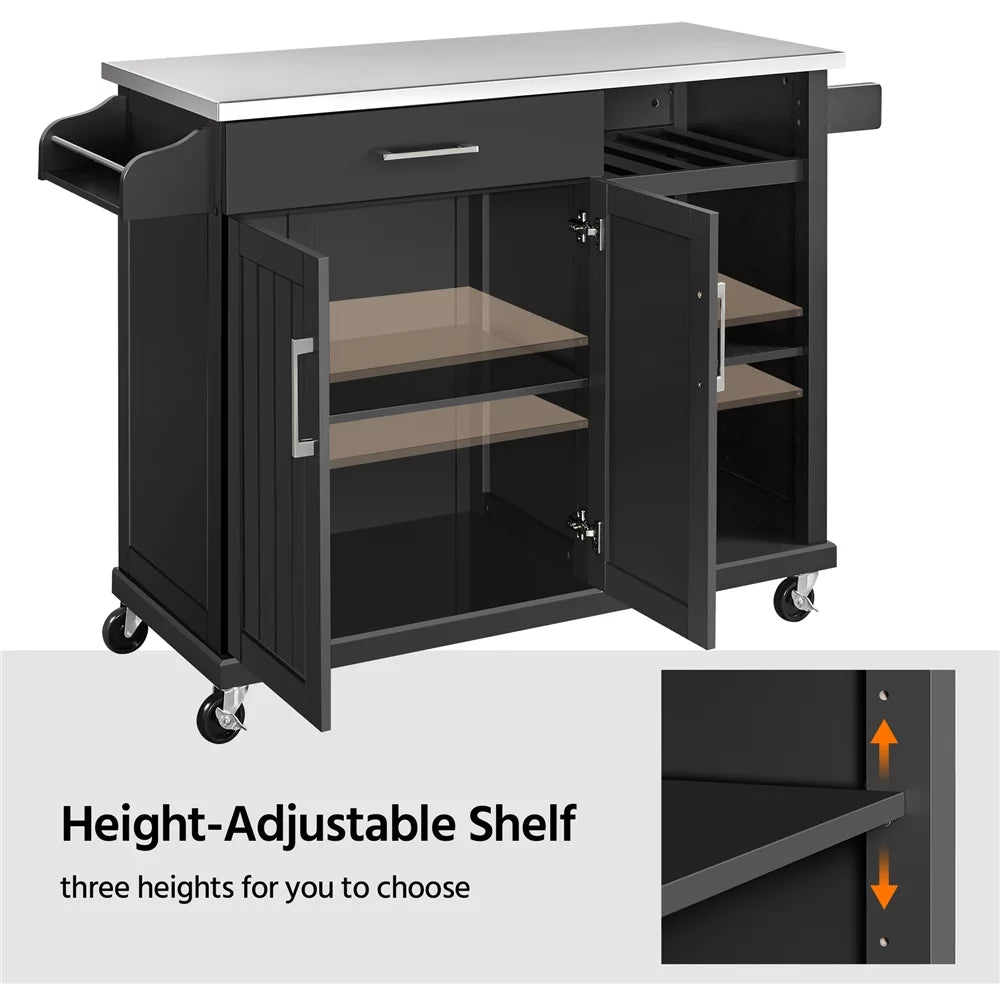Rolling Storage Kitchen Cart Cabinet with Steel Top, Black B252415
