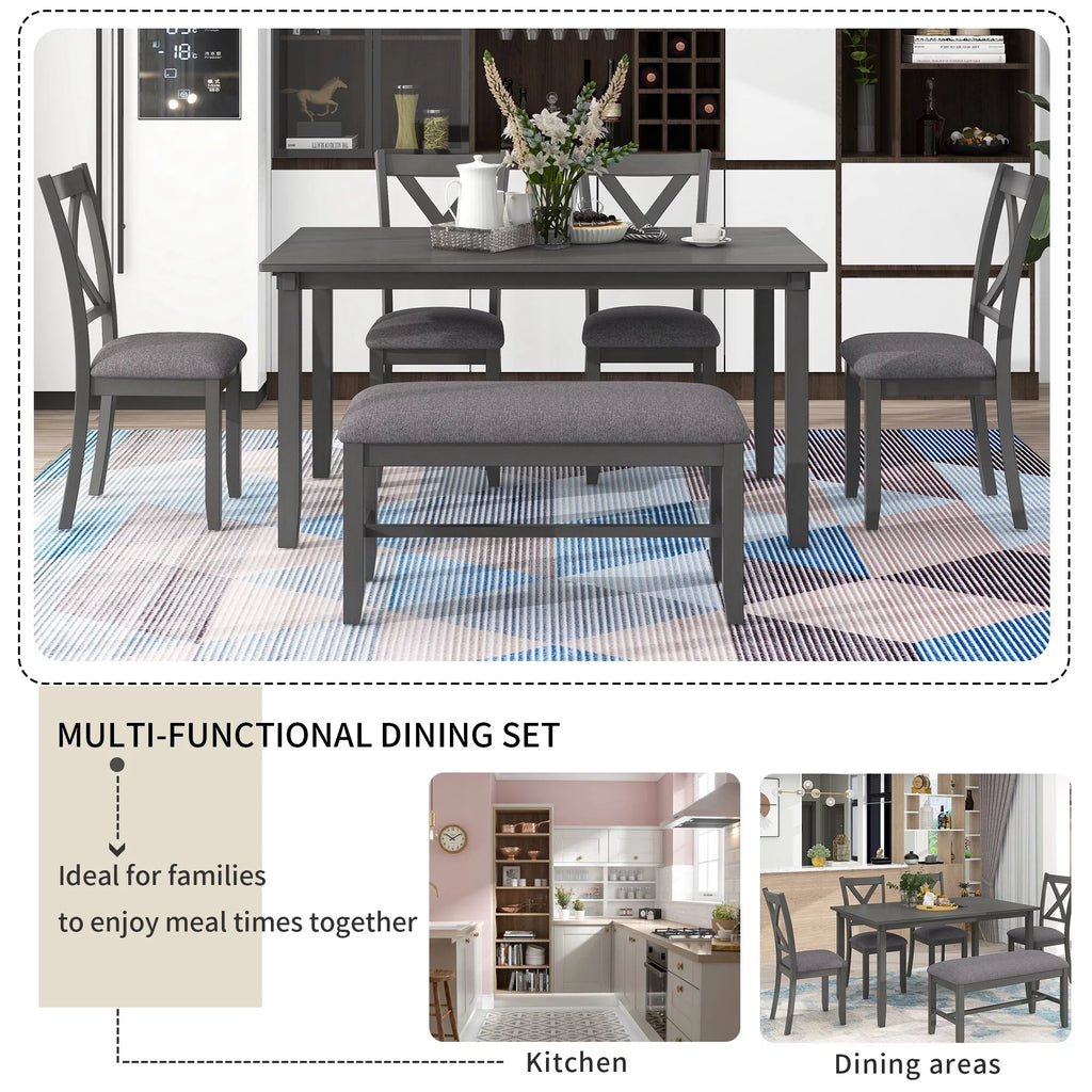 6-Piece Wooden Dining Table Set with 4 Chairs & Bench V882