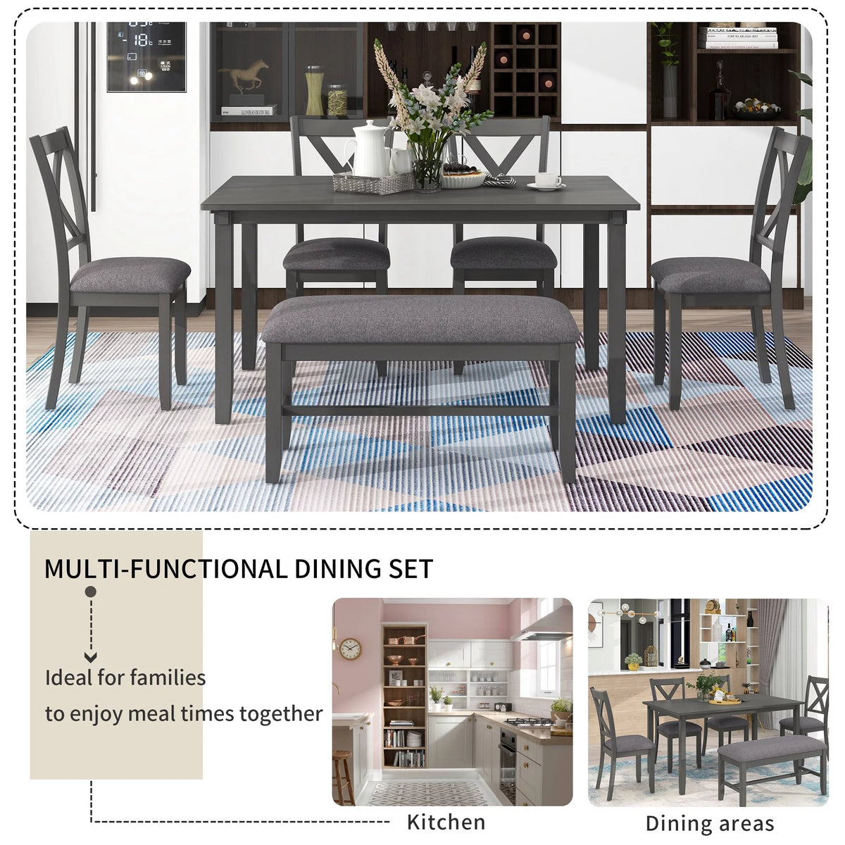 6-Piece Wooden Dining Table Set with 4 Chairs & Bench V882