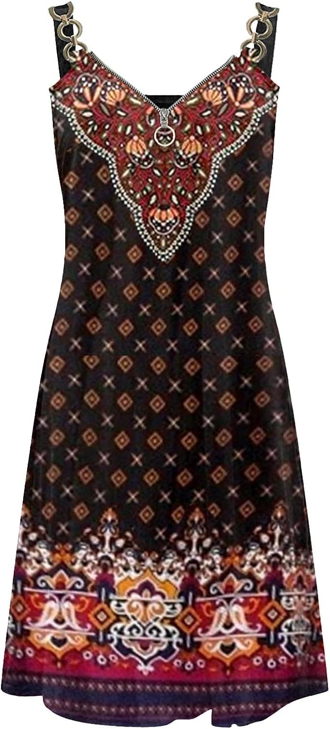 Boho Floral Print V Neck Sleeveless Spaghetti Strap Sundresses with Pockets T528