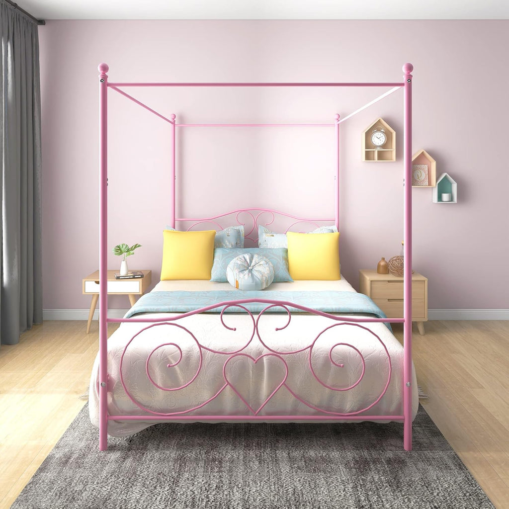 White Full Steel Canopy Bed Frame with Headboard and Footboard S40584