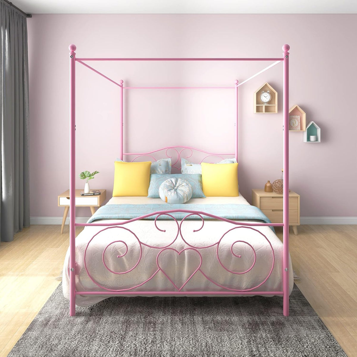 White Full Steel Canopy Bed Frame with Headboard and Footboard S40584
