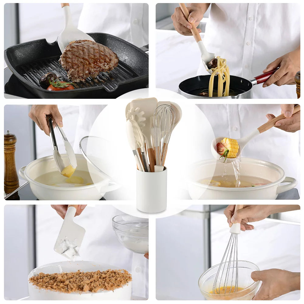 10 PCS Silicone Utensil Set Wooden Handle F9723