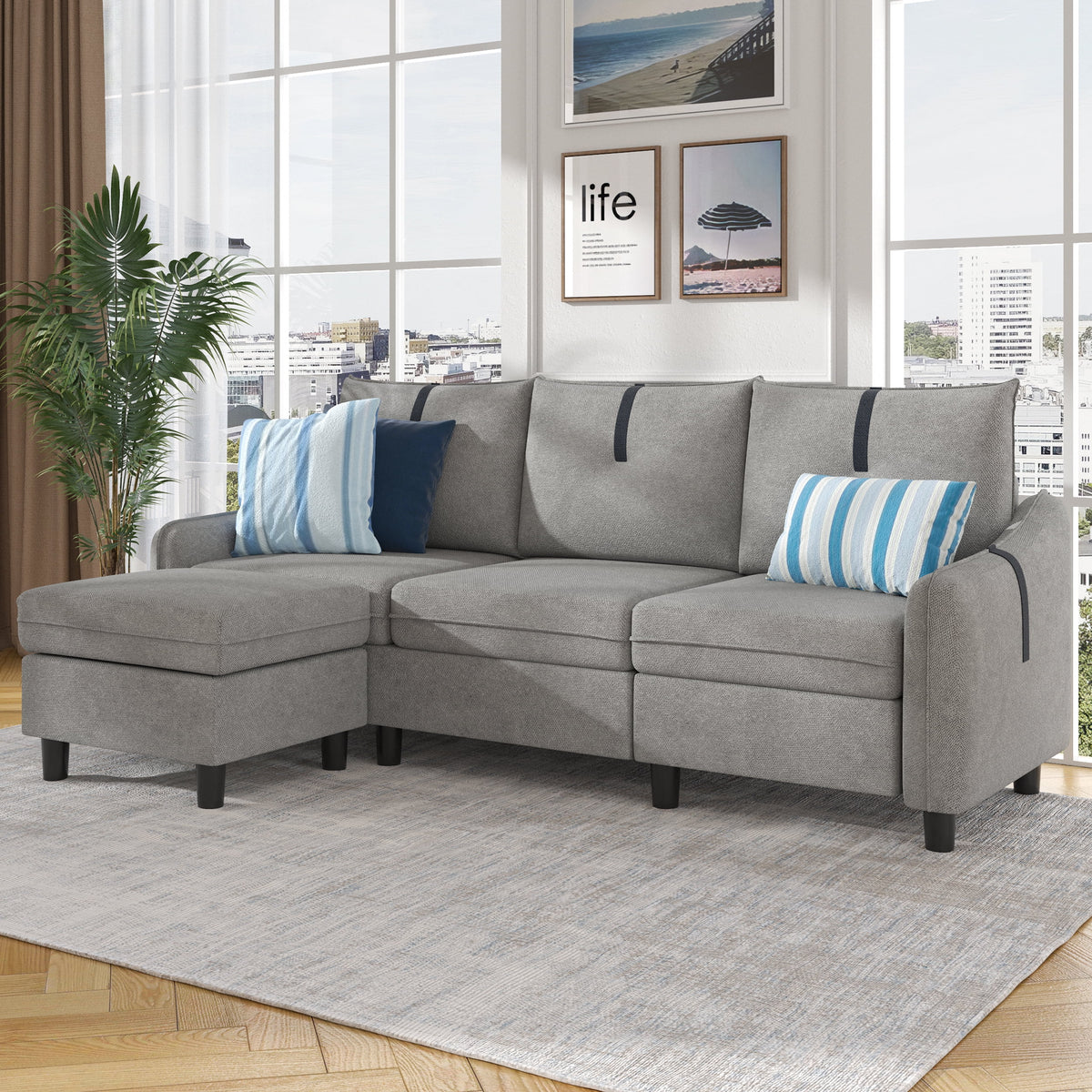Lightgrey Sherpa Sectional Sofa with Footstool S136096