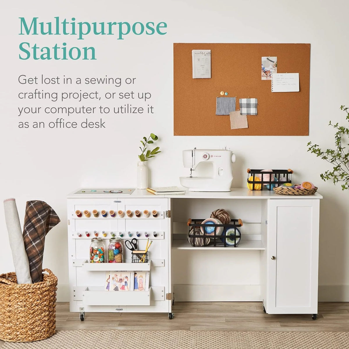 Large White Folding Sewing Table with Caster Wheels L6947