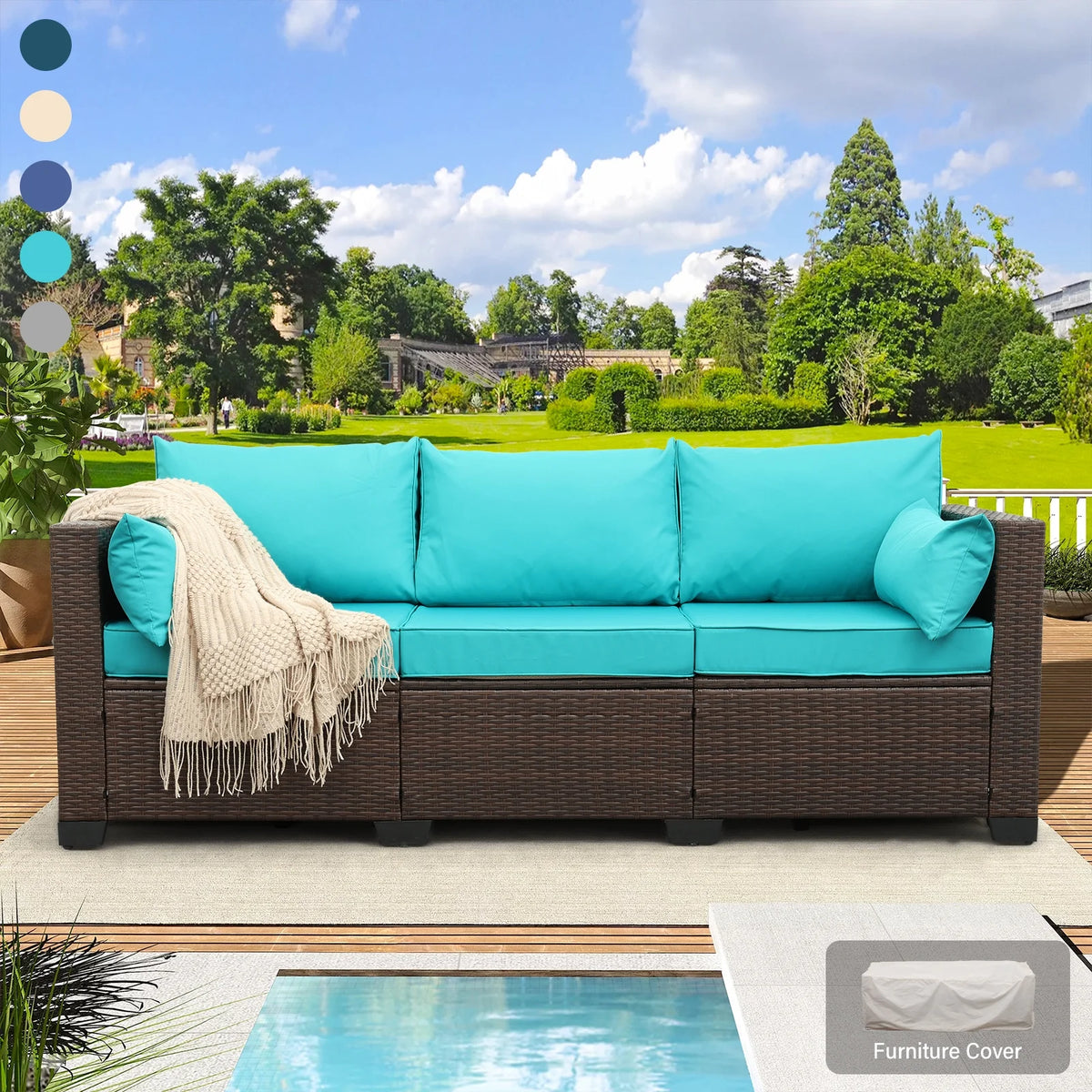 3-Seat Patio Wicker Rattan Sofa with Cushions, Gray W66611