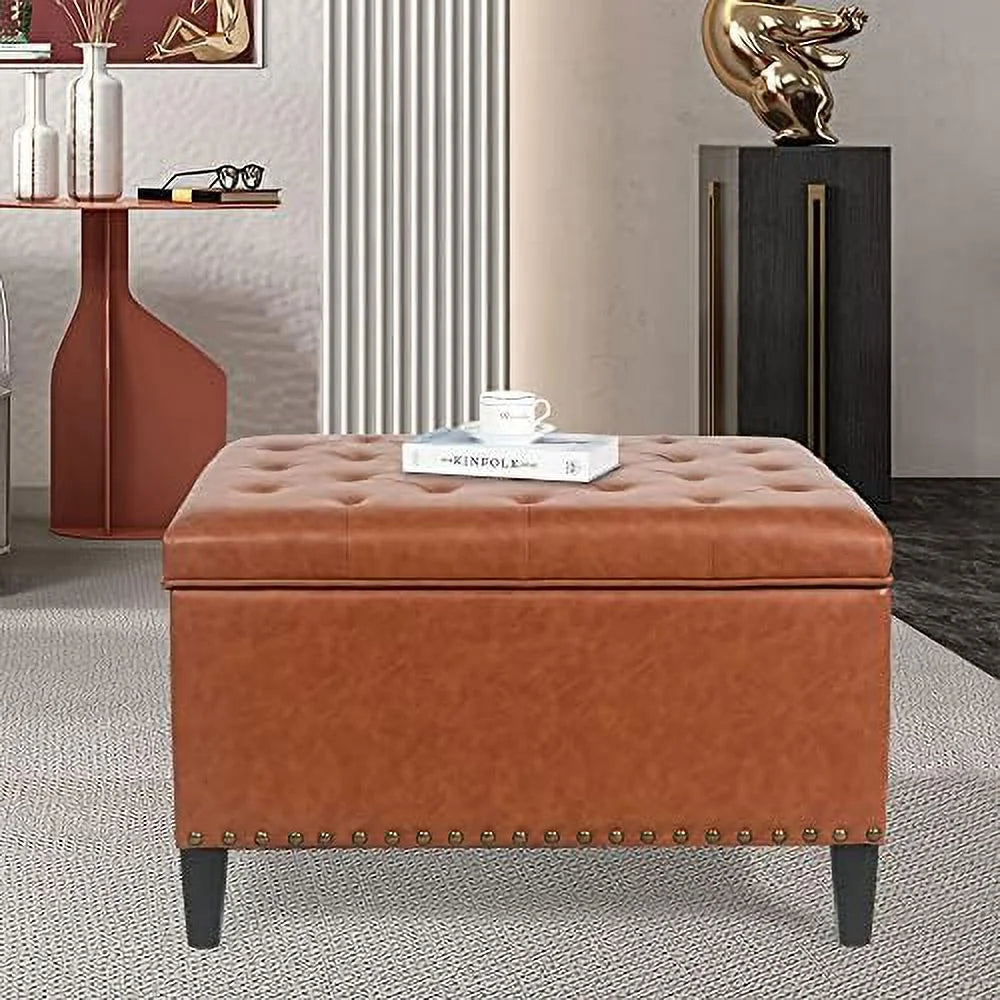 Orange Upholstered Tufted Ottoman Bench with Wood Legs U147