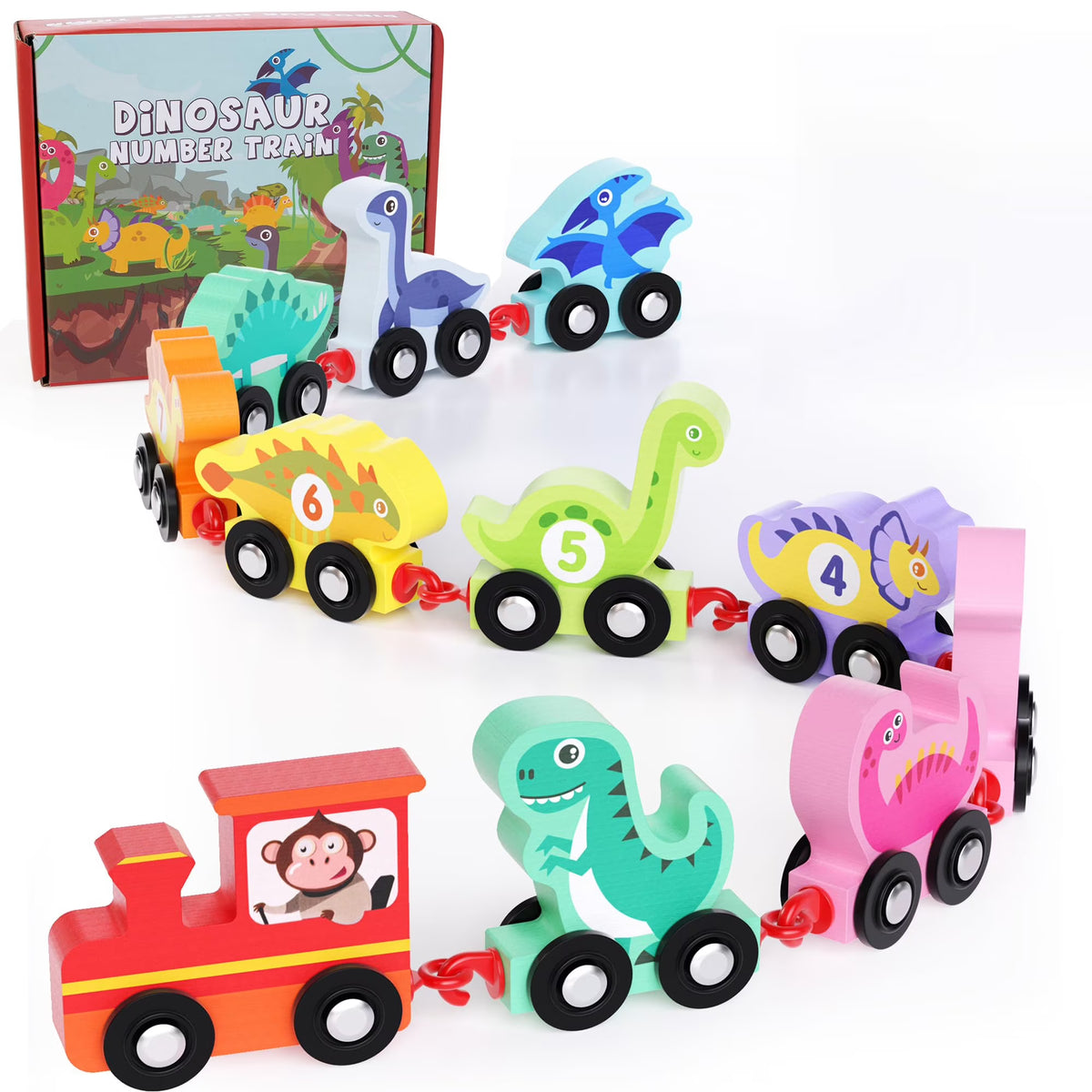 Wooden Dinosaur Train Car with Numbers, 11 Pieces Educational Montessori Toys R1452