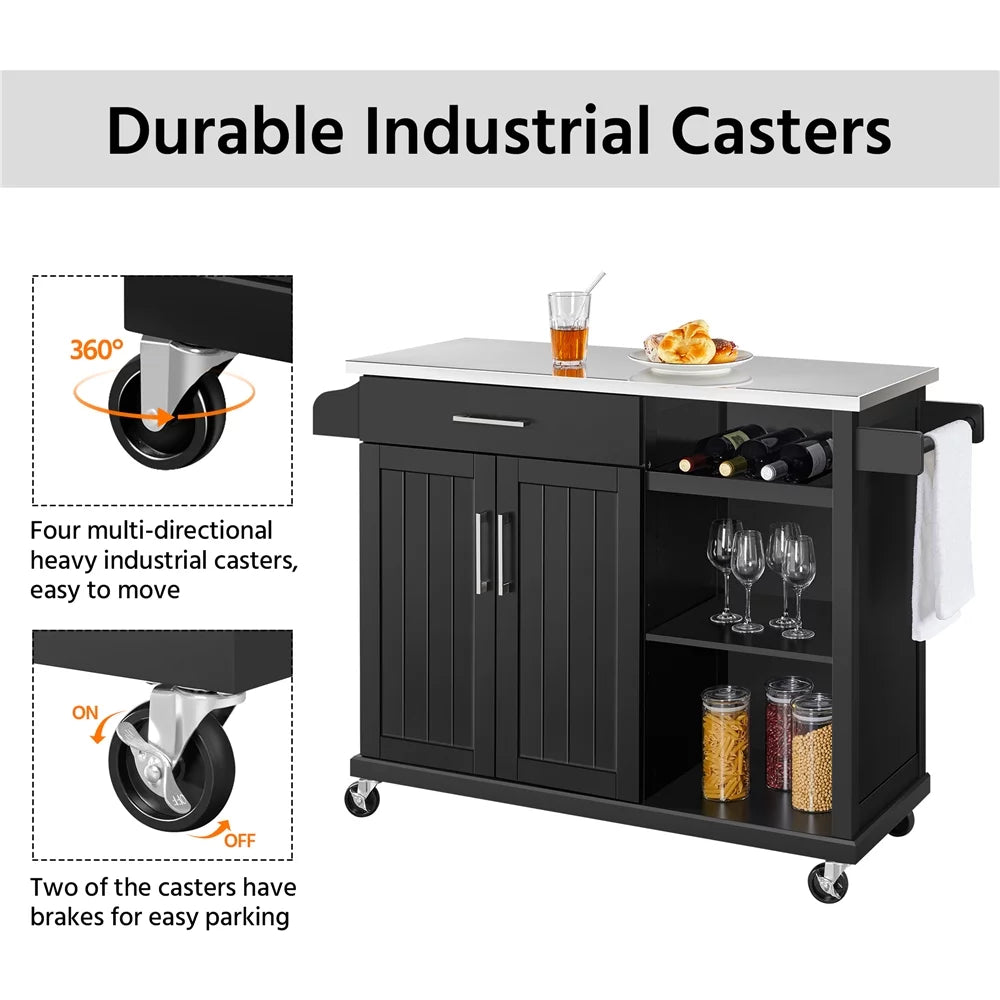 Rolling Storage Kitchen Cart Cabinet with Steel Top, Black B252415