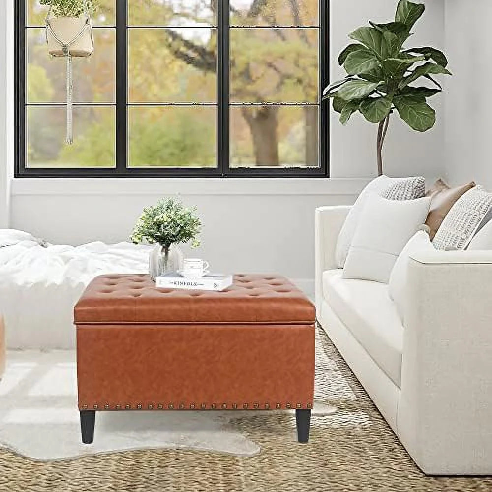 Orange Upholstered Tufted Ottoman Bench with Wood Legs U147