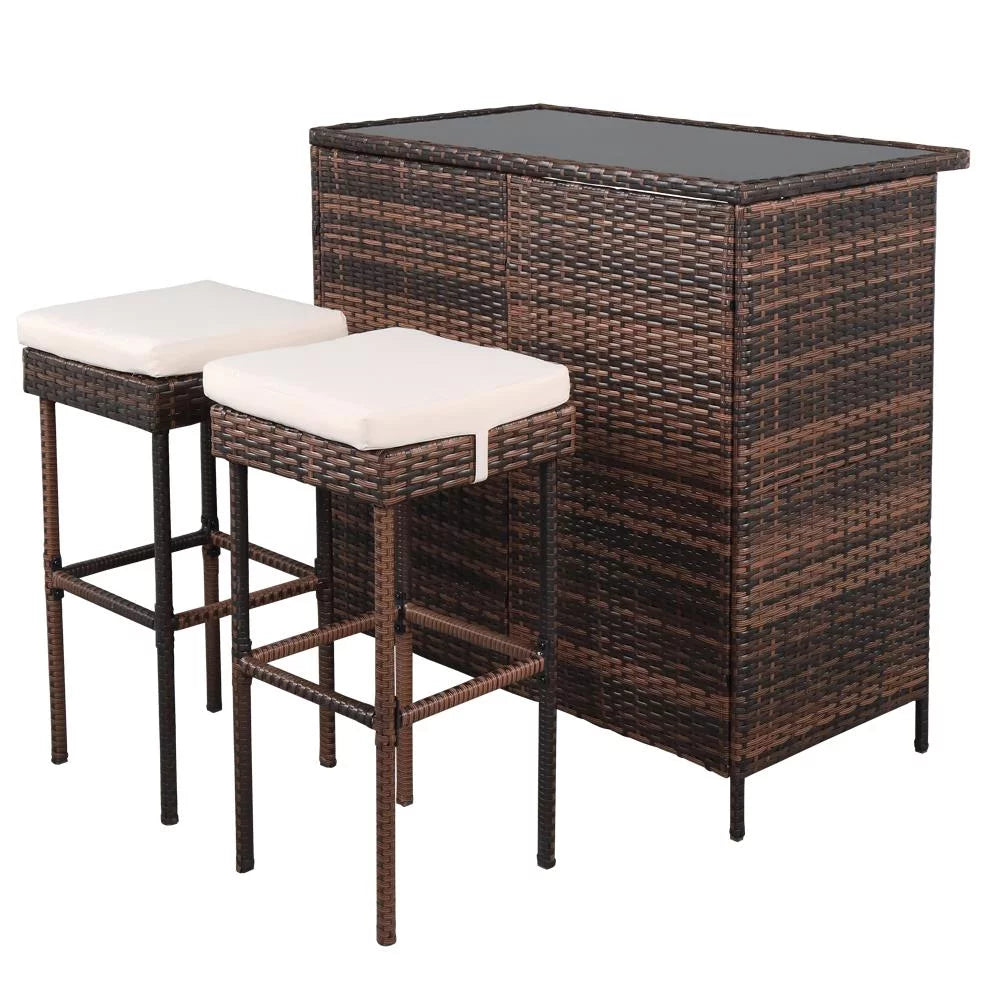 3PCS Patio Rattan Wicker Bar Table Stools Dining Set Brown G3901