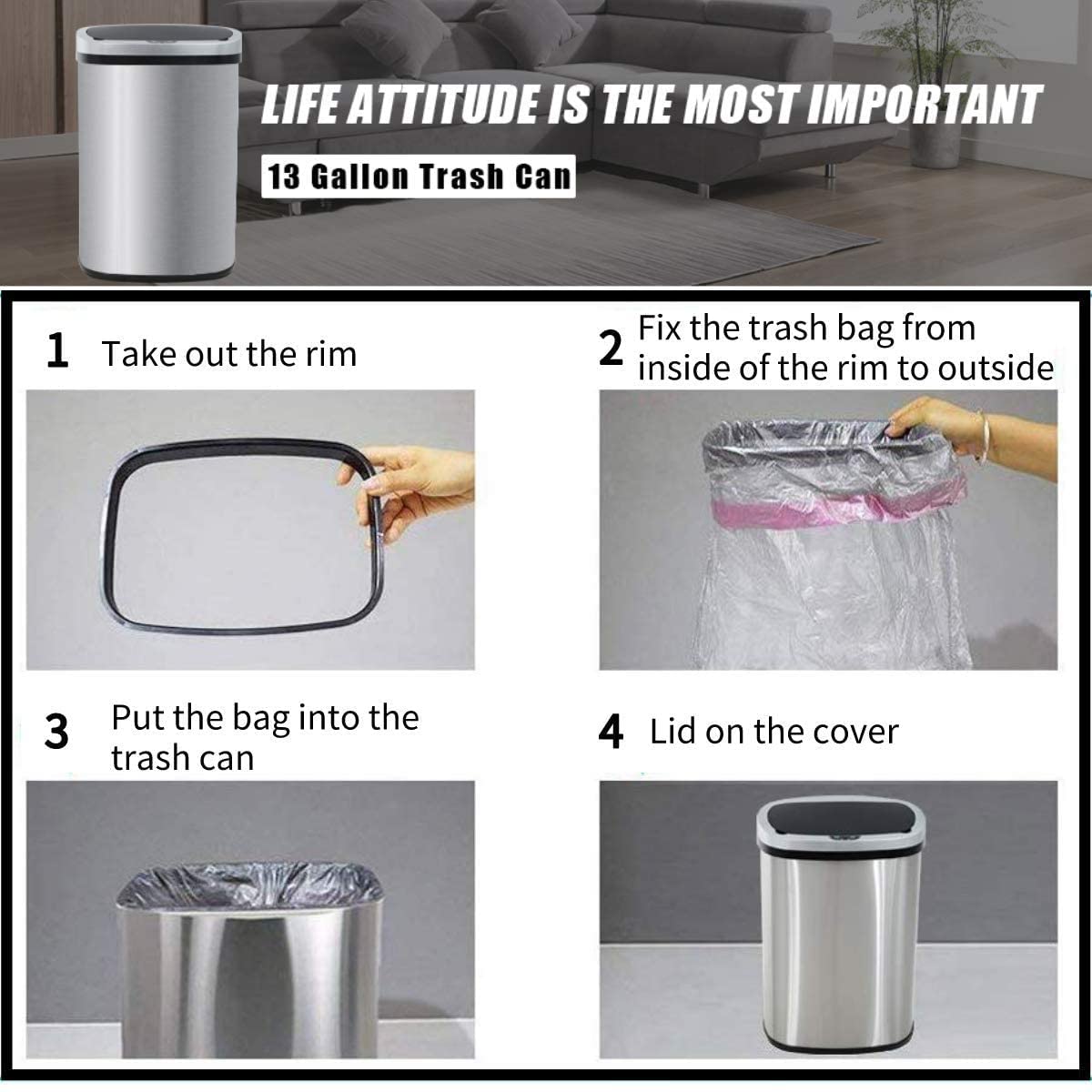 13 Gallon Stainless Steel Motion Sensor Trash Can with Lid I576047