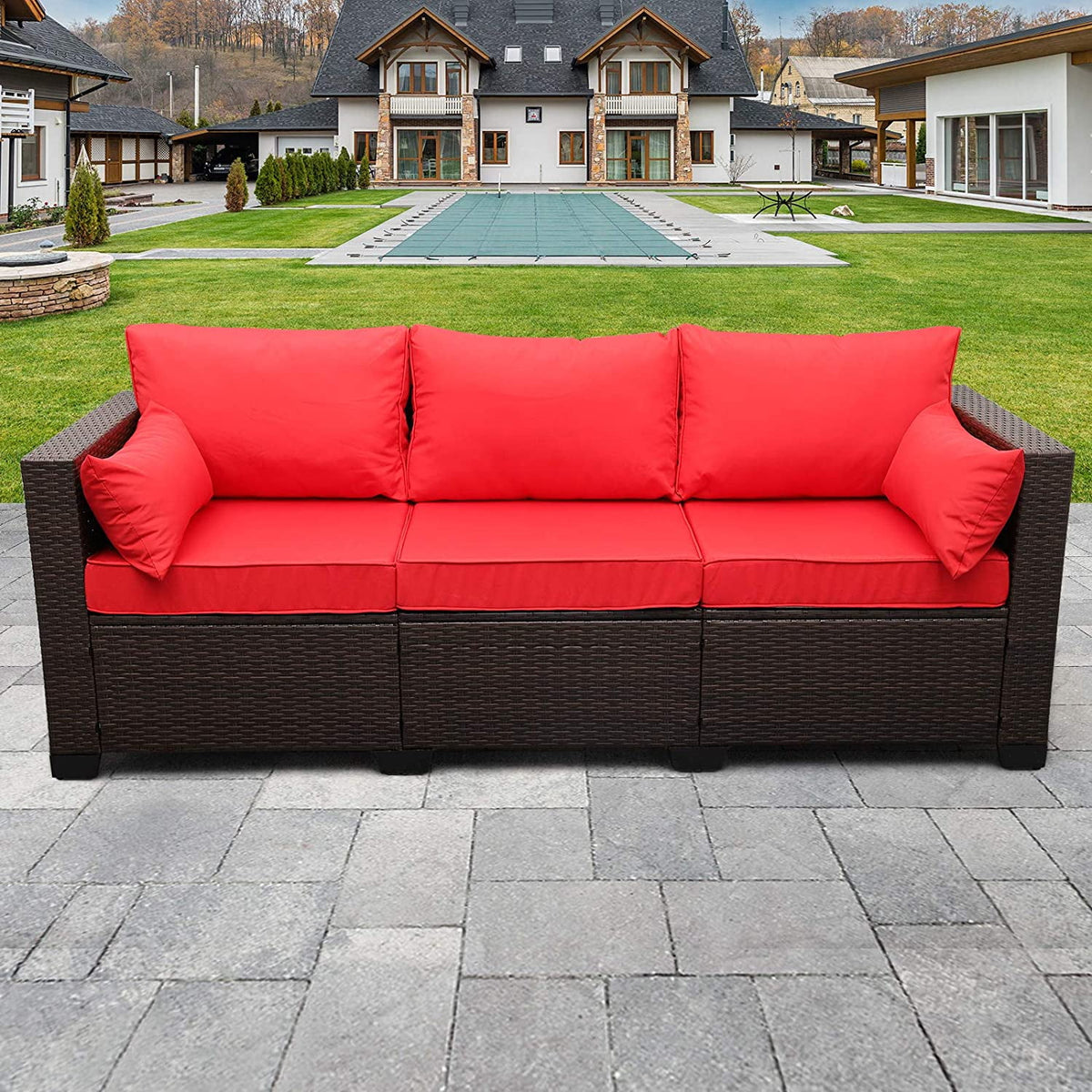 3-Seat Patio Wicker Rattan Sofa with Cushions, Gray W66611