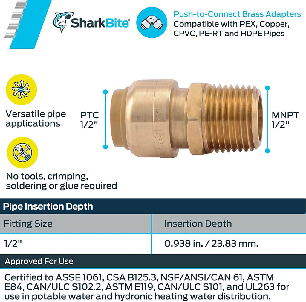 1/2 Inch MNPT Push to Connect Brass Fitting, Pack of 4 M60032