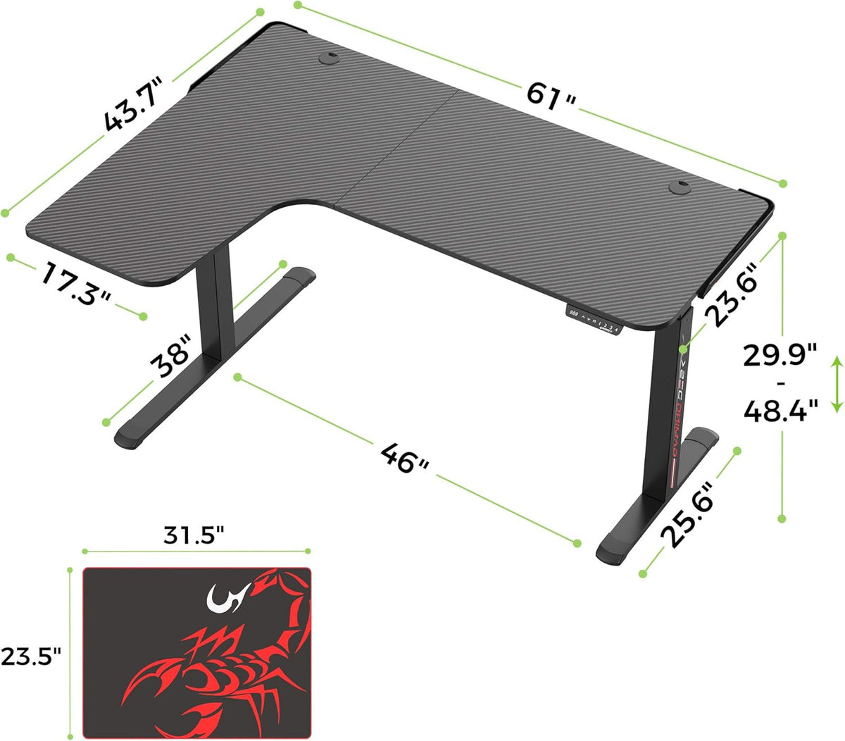 61" Dual Motor Electric Height Adjustable L Shaped Standing Desk with Mouse Pad W242