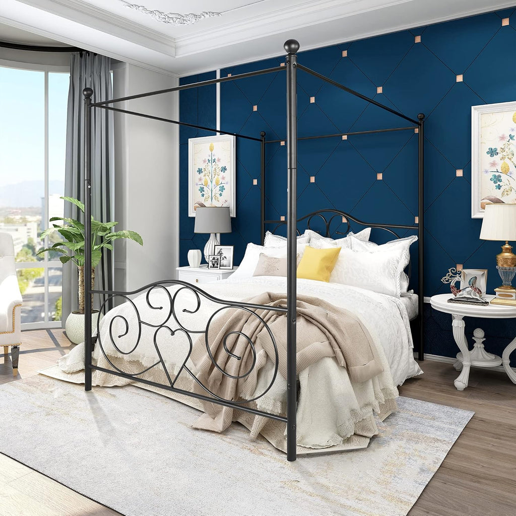 White Full Steel Canopy Bed Frame with Headboard and Footboard S40584