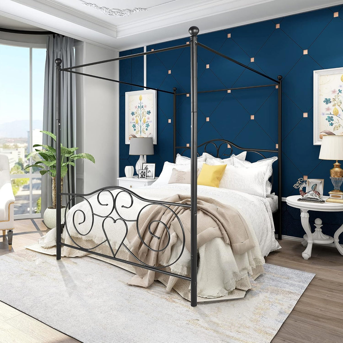 White Full Steel Canopy Bed Frame with Headboard and Footboard S40584