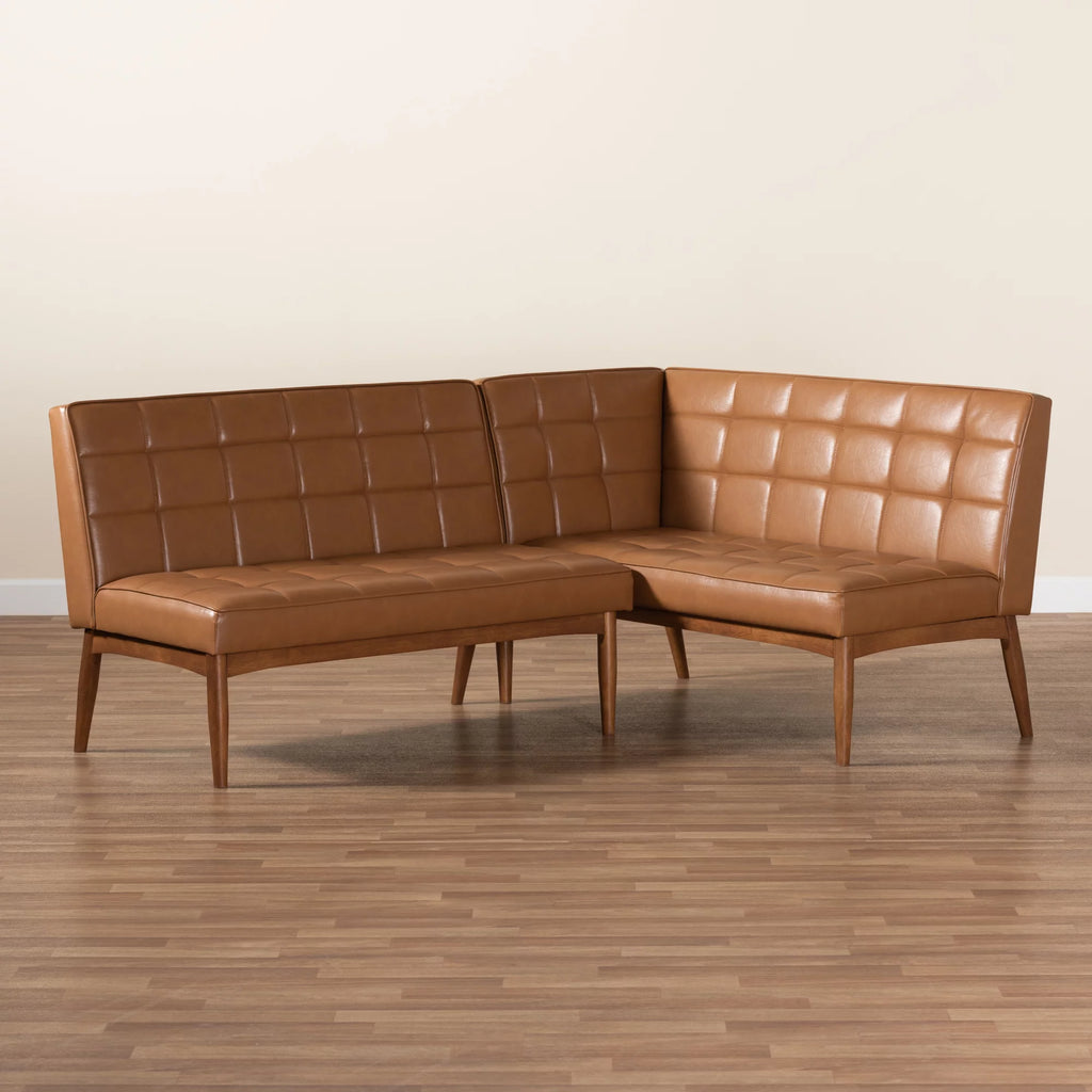 Tan Faux Leather Upholstered Walnut Brown Wood 2-Piece Dining Nook Banquette Set D944
