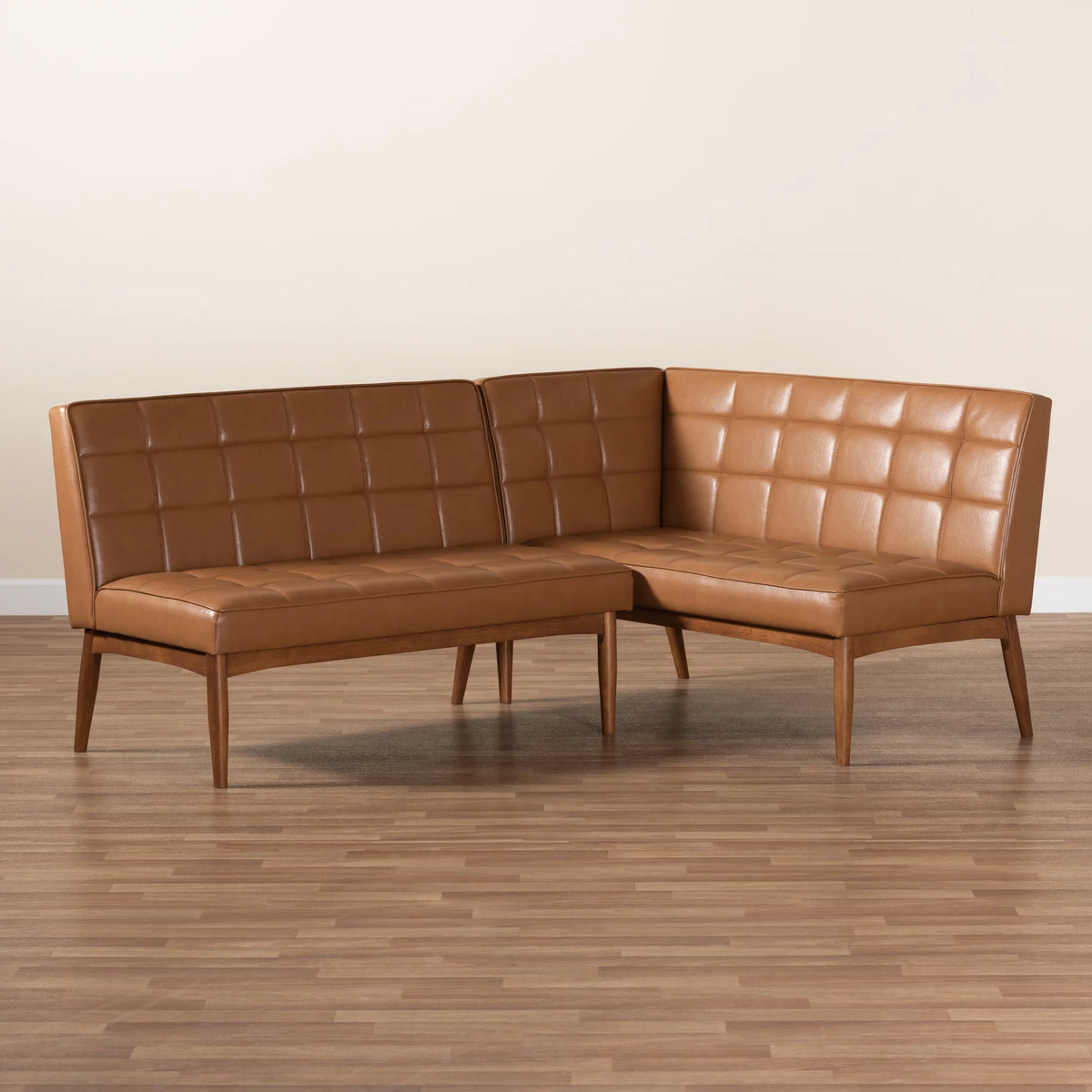 Tan Faux Leather Upholstered Walnut Brown Wood 2-Piece Dining Nook Banquette Set D944