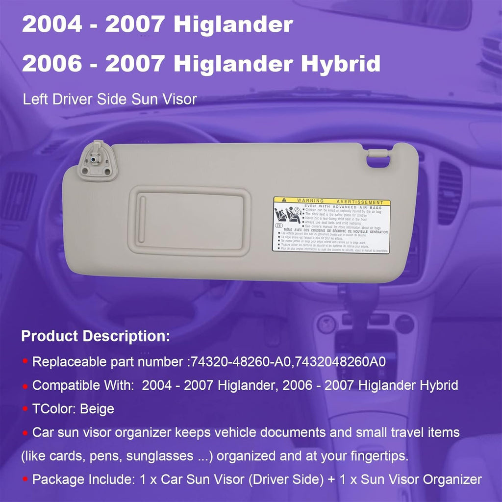 Beige Sun Visor Compatible Toyota Highlander 2004-2007 Pack of 2 A16750