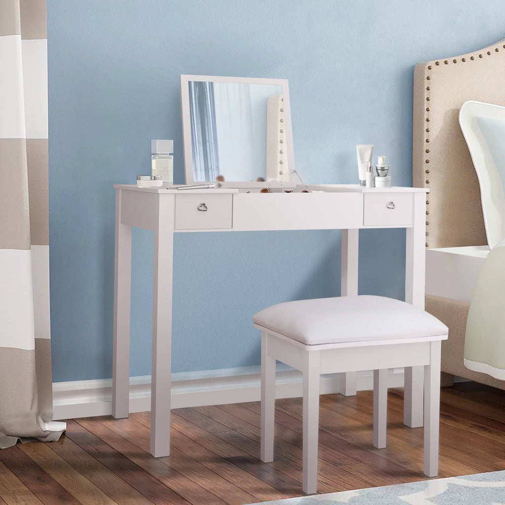 White Vanity Table with Flip-Top Mirror and 2 Drawers E755
