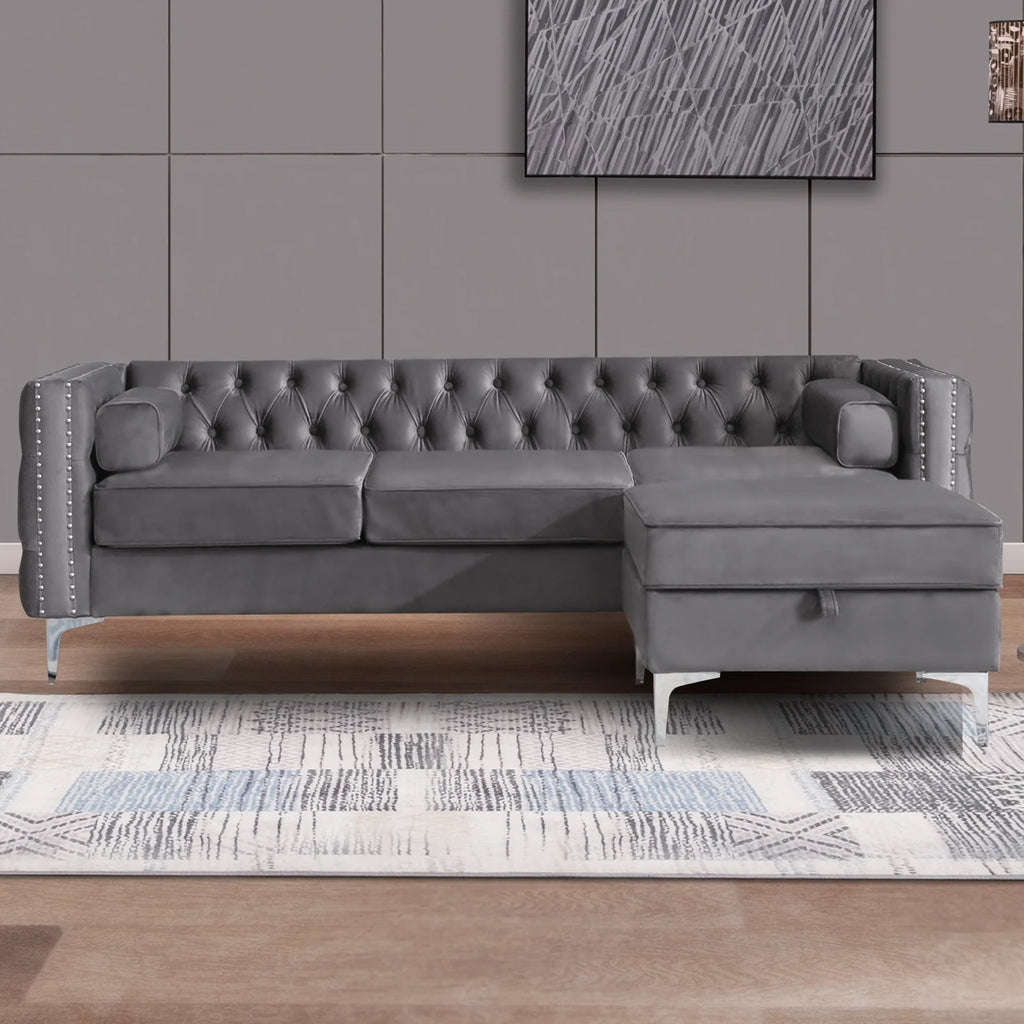 Velvet L-Shaped Sectional Sofa with Storage Ottoman J116