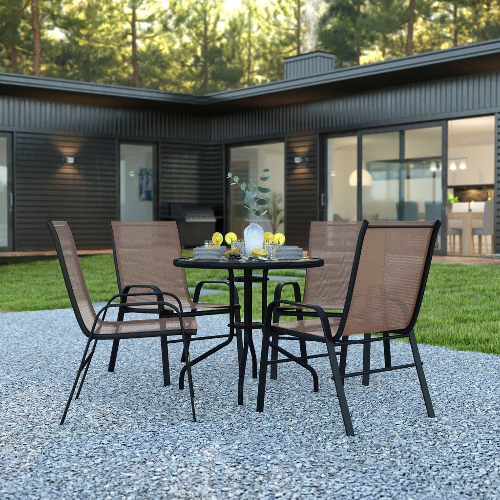 5 Piece Outdoor Patio Dining Set with 4 Brown Stack Chairs L96997