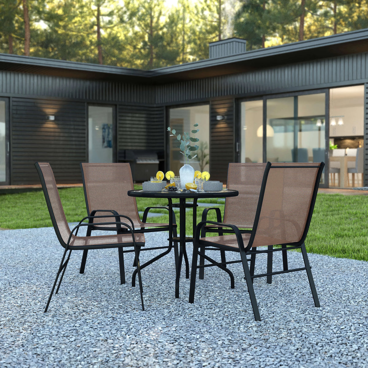 5 Piece Outdoor Patio Dining Set with 4 Brown Stack Chairs L96997
