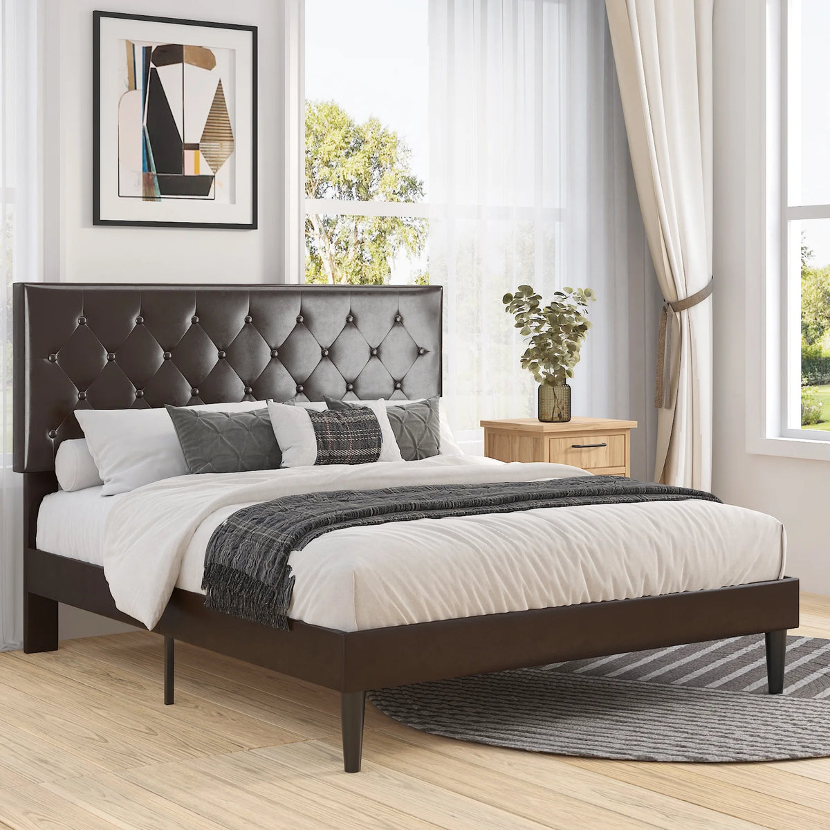 Black Queen Size Platform Bed Frame with Adjustable Tufted Headboard S95926