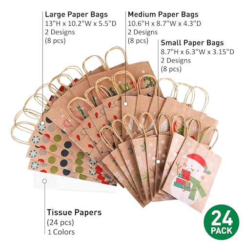 24 Christmas Gift Bags Assorted Sizes with Tissue Paper P8290