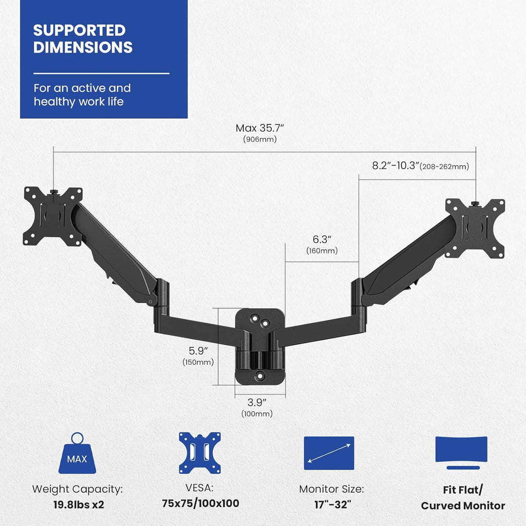 Black Gas Spring Dual Monitor Wall Mount for 17 to 32 inch Screens D22358