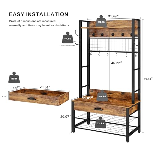 5-in-1 Wood Look Hall Tree with Bench and Shoe Storage, 12 Hooks Q45229