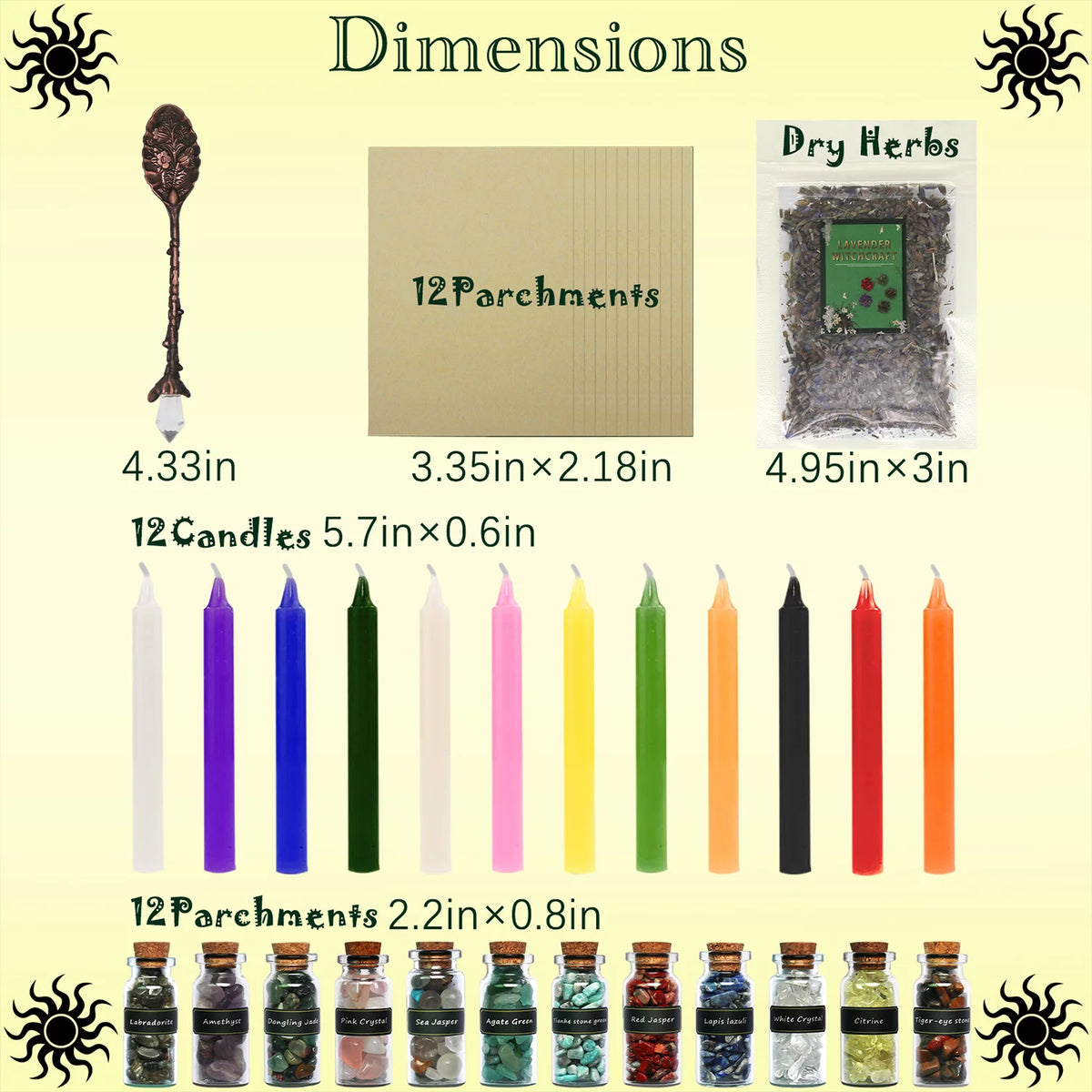 110 Pcs Witchcraft Supplies Kit with Crystal Jars Dried Herbs Colored Candles P24479