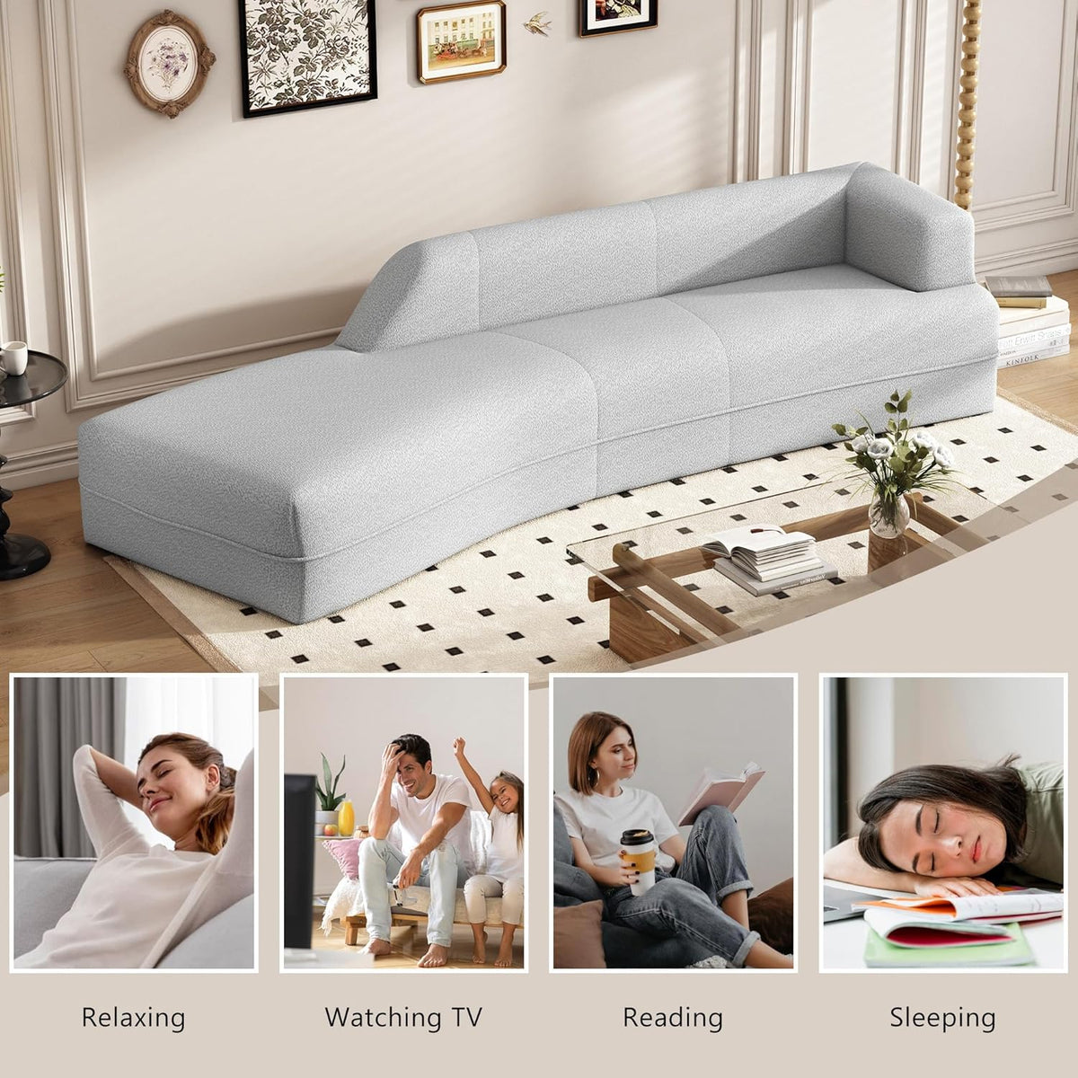 Gray Boucle Curved Sofa with Chaise Lounge W237004