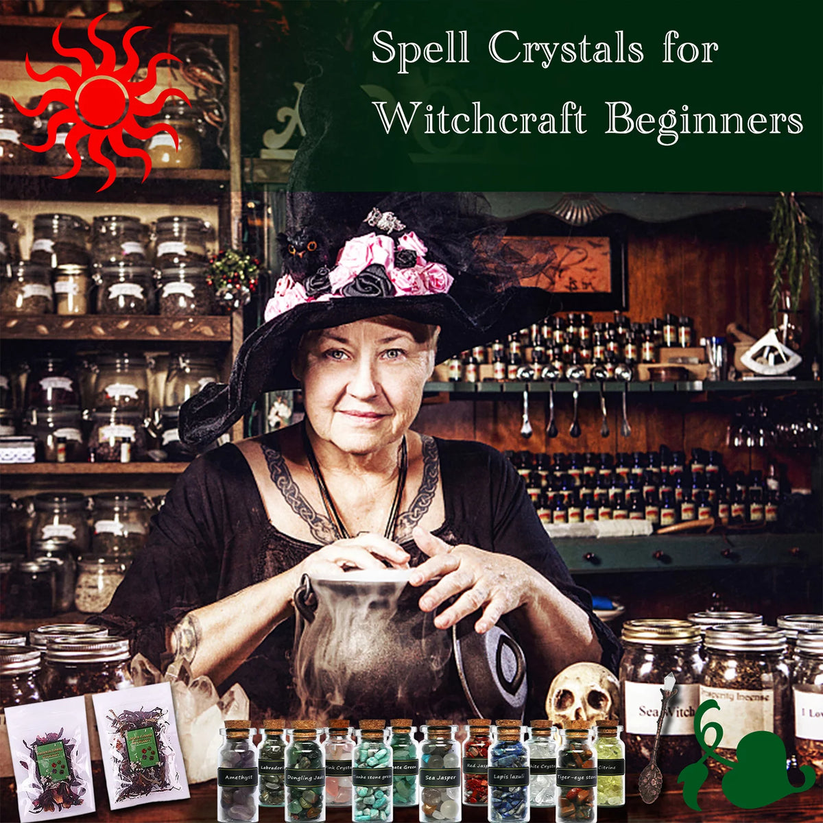 110 Pcs Witchcraft Supplies Kit with Crystal Jars Dried Herbs Colored Candles P24479