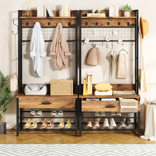 5-in-1 Wood Look Hall Tree with Bench and Shoe Storage, 12 Hooks Q45229