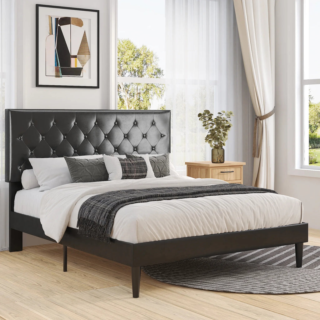 Black Queen Size Platform Bed Frame with Adjustable Tufted Headboard S95926