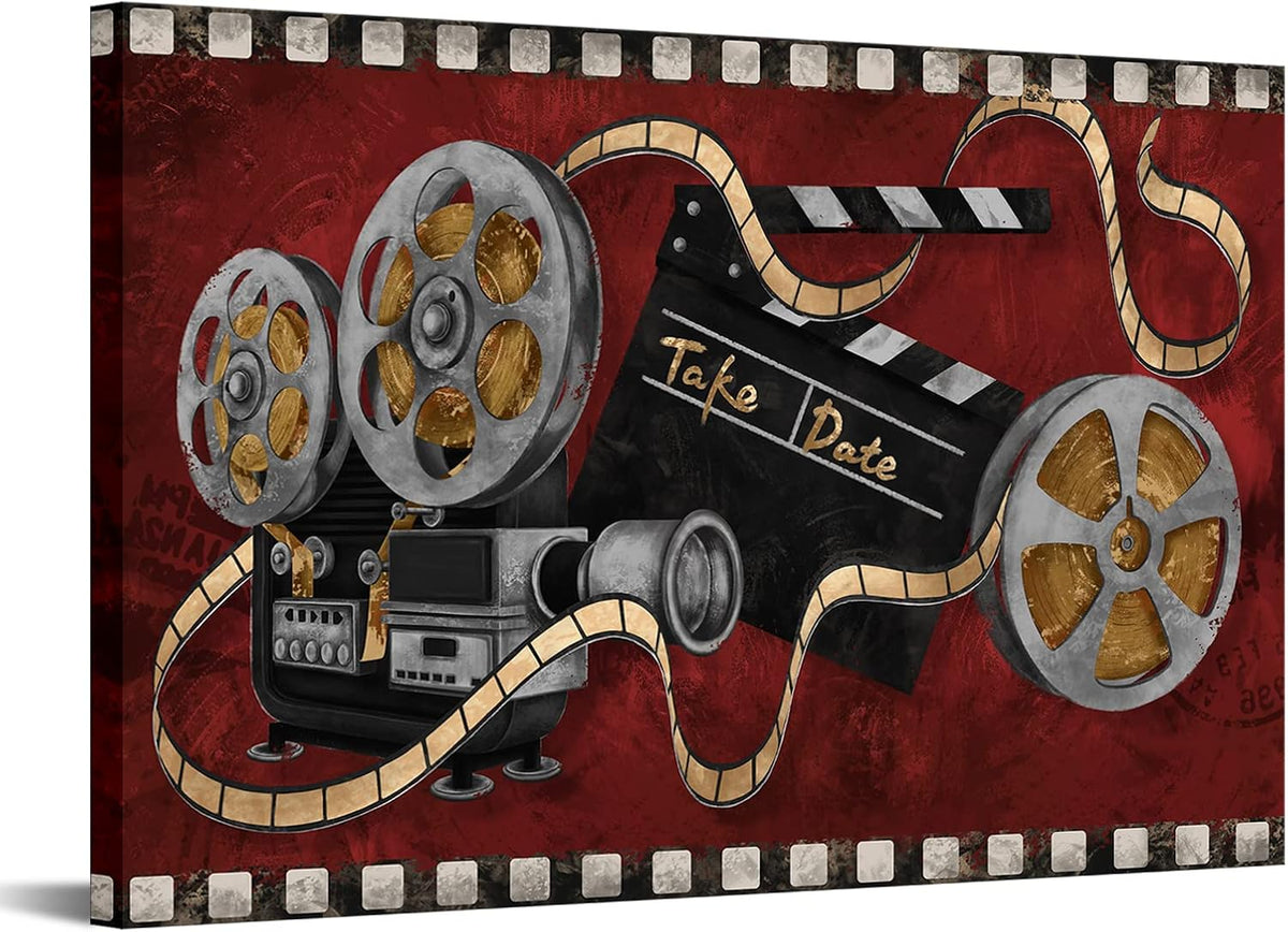 Large Black and Red Canvas Painting Movie Projector Film Reels Artwork Ready to Hang G129