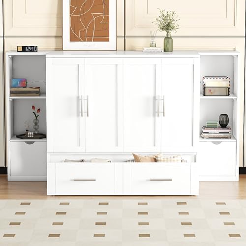 White Queen Size Solid Wood Murphy Wall Bed with Storage X5124