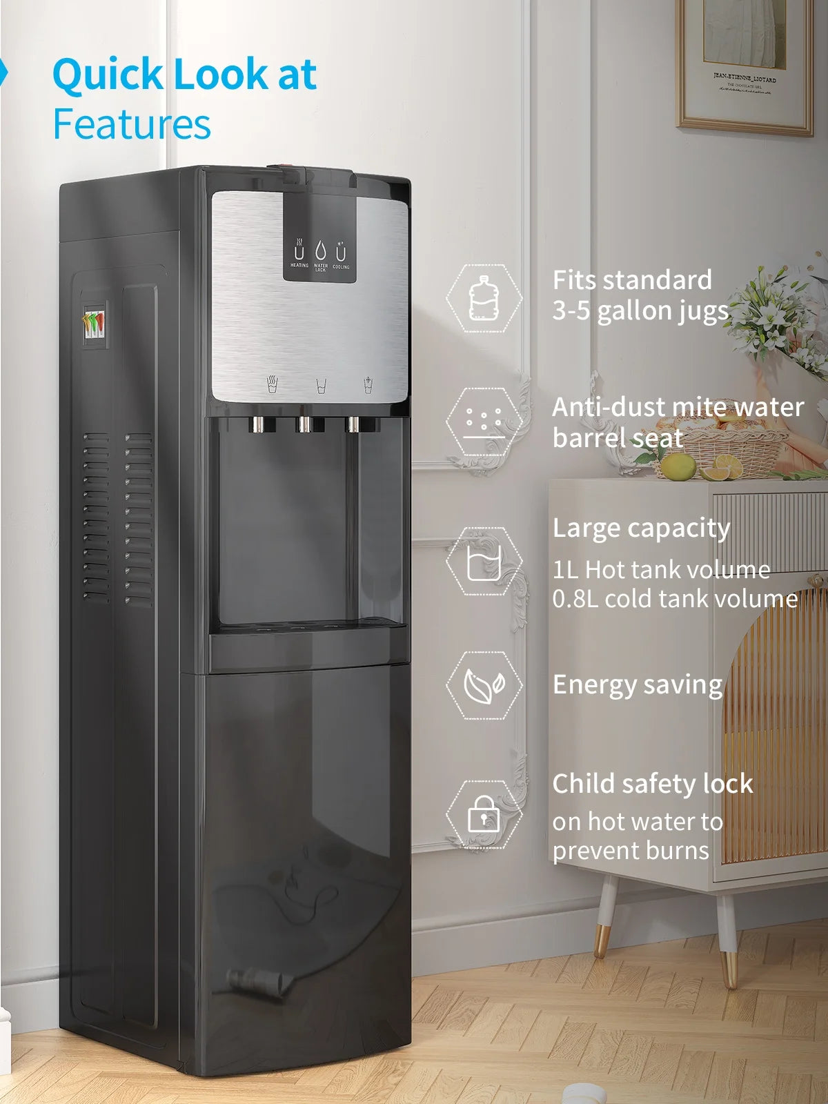 Bottom Loading Water Dispenser, Hot/Cold/Room Temperature, 3 or 5 Gallon, Black S624607