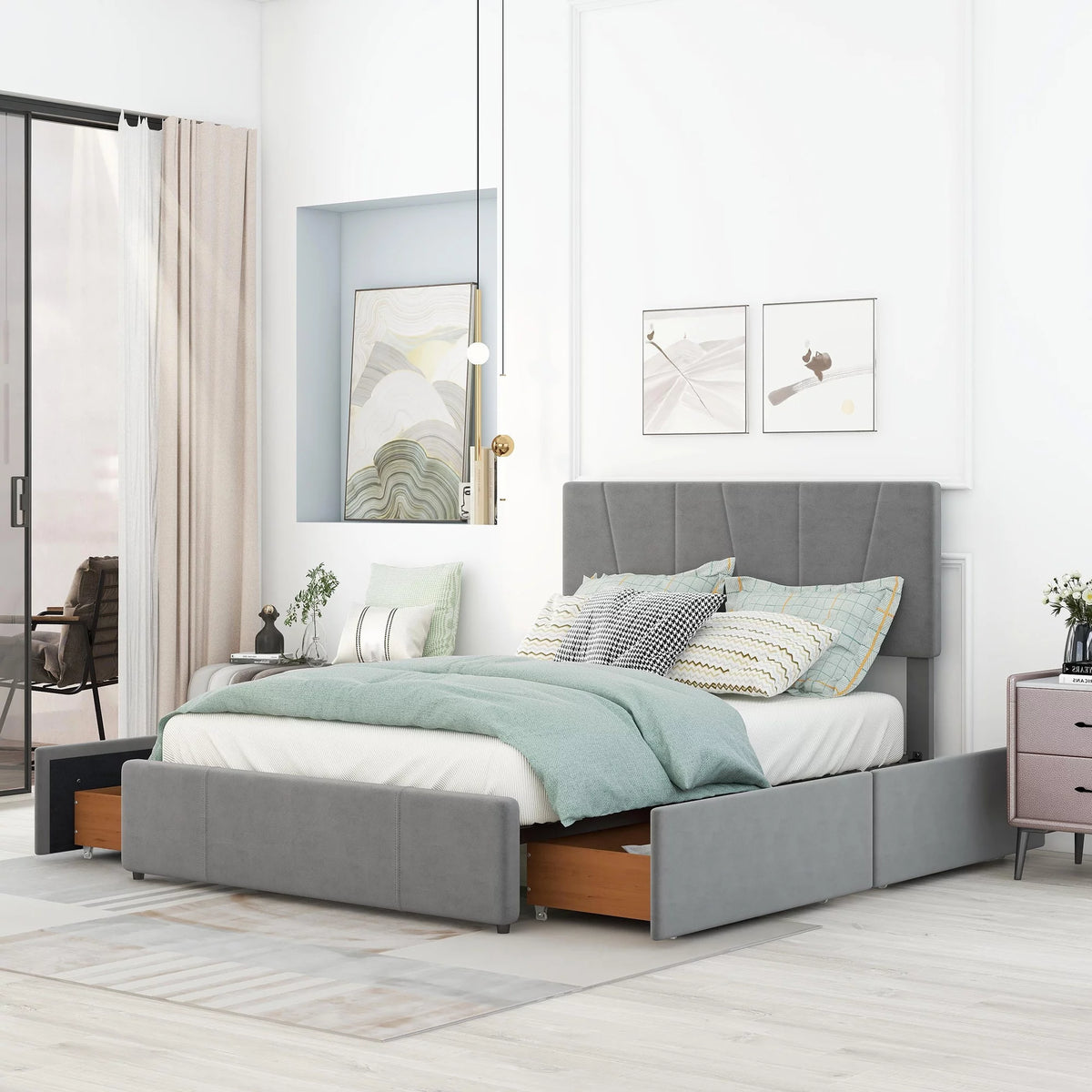 Full Size Gray Velvet Upholstered Platform Bed with 4 Storage Drawers H864524
