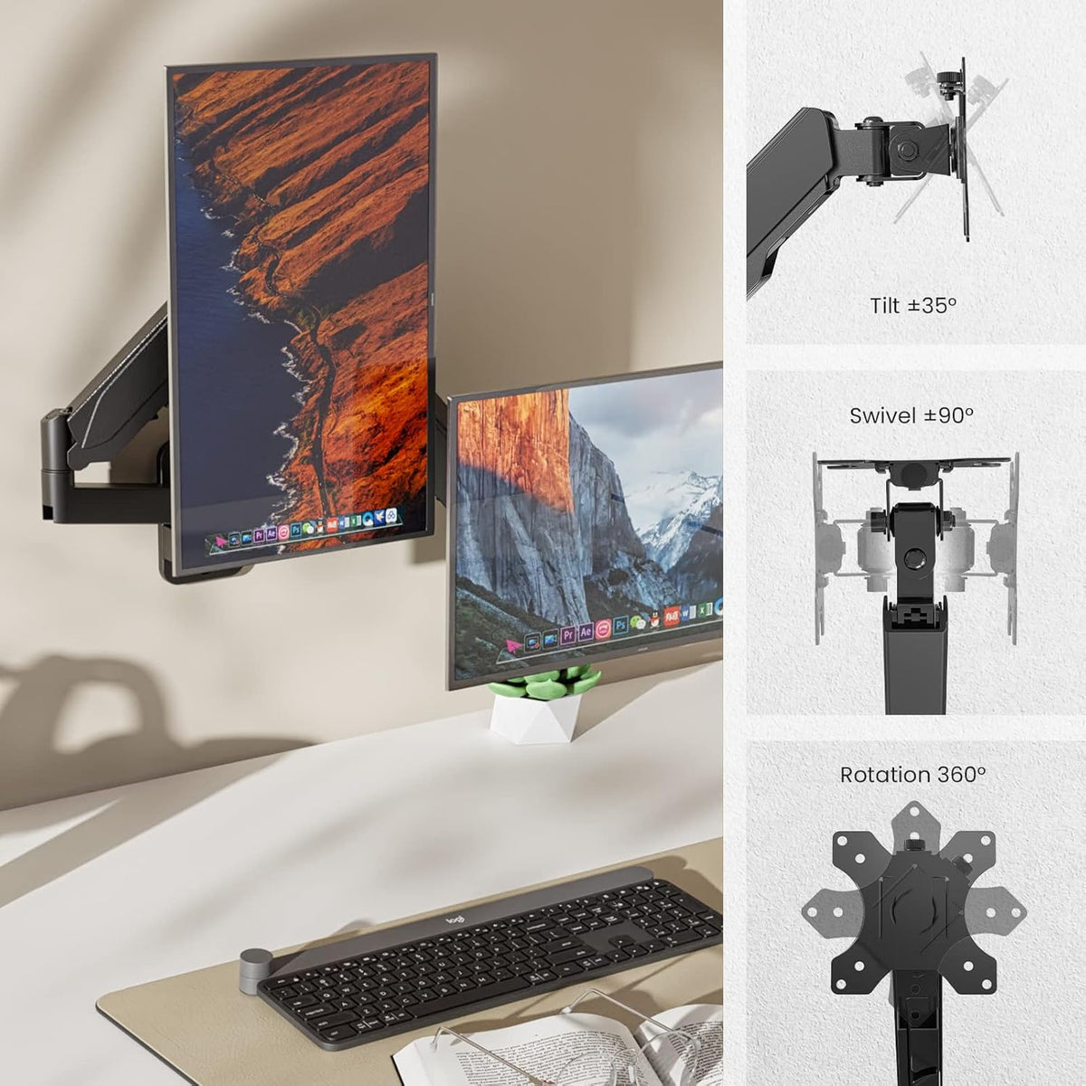 Black Gas Spring Dual Monitor Wall Mount for 17 to 32 inch Screens D22358