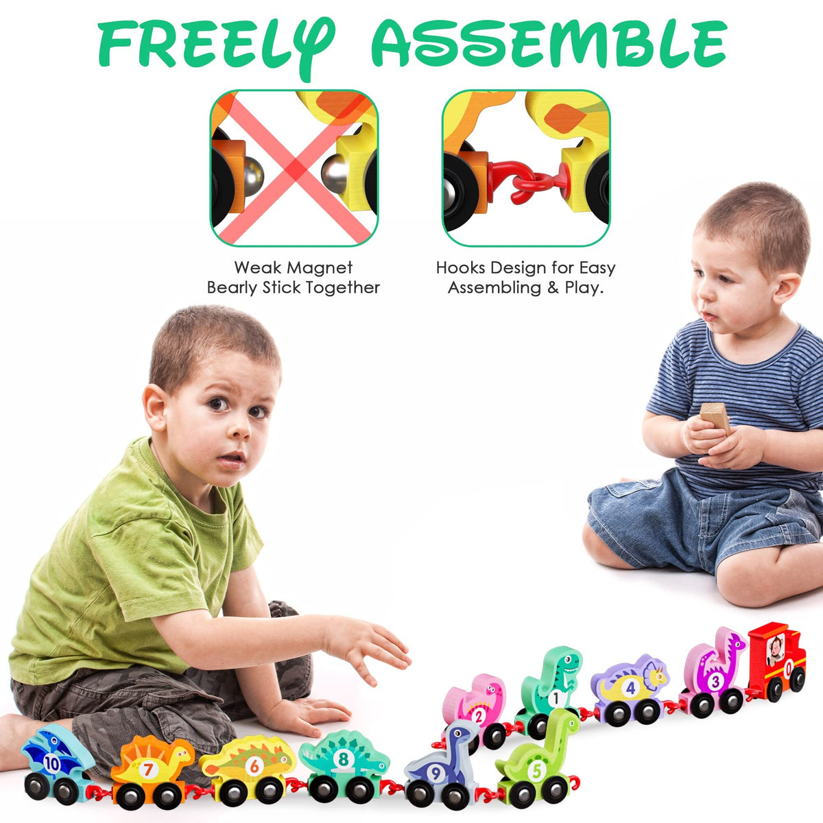 Wooden Dinosaur Train Car with Numbers, 11 Pieces Educational Montessori Toys R1452