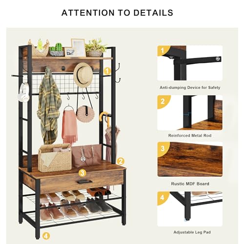 5-in-1 Wood Look Hall Tree with Bench and Shoe Storage, 12 Hooks Q45229