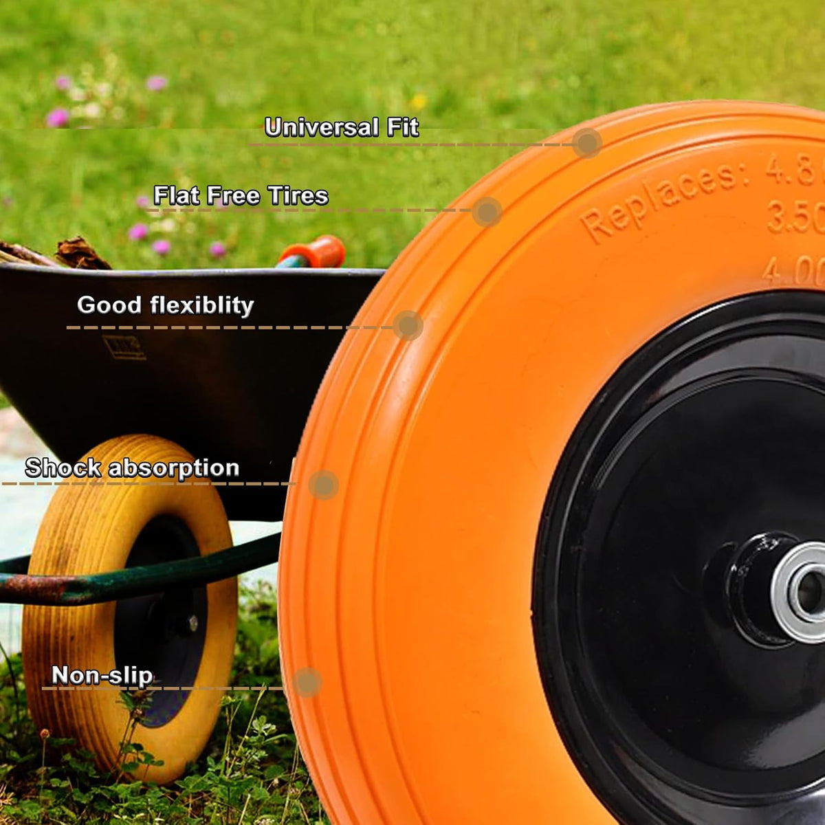 Flat Free Solid Wheelbarrow Tire with 3/4 & 5/8 Wheel Bearing 3" Hub M917