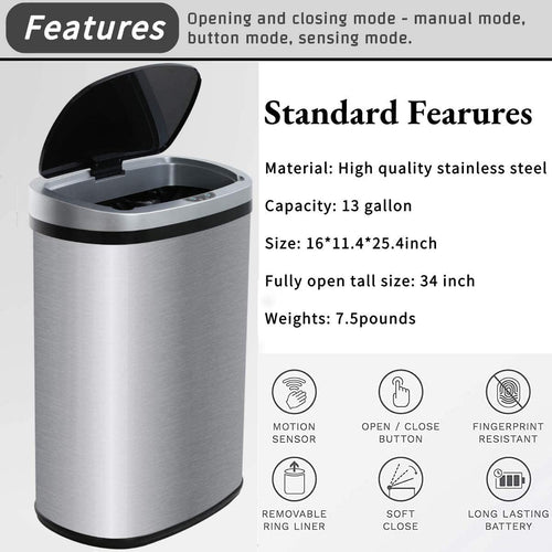 13 Gallon Stainless Steel Motion Sensor Trash Can with Lid I576047